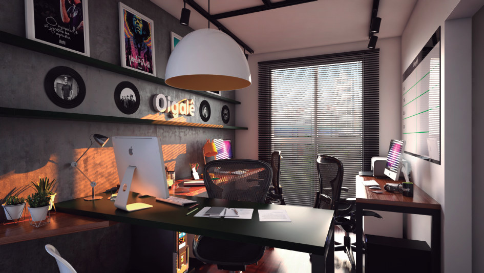 Escritório Criativo, mesa preta e parede de concreto