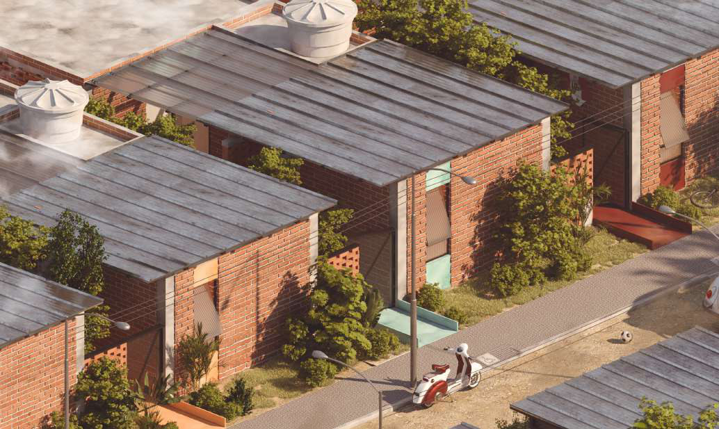 Render do projeto social Residencial Vila Verde: casas de tijolo com telhado metálico em Santa Maria/RS