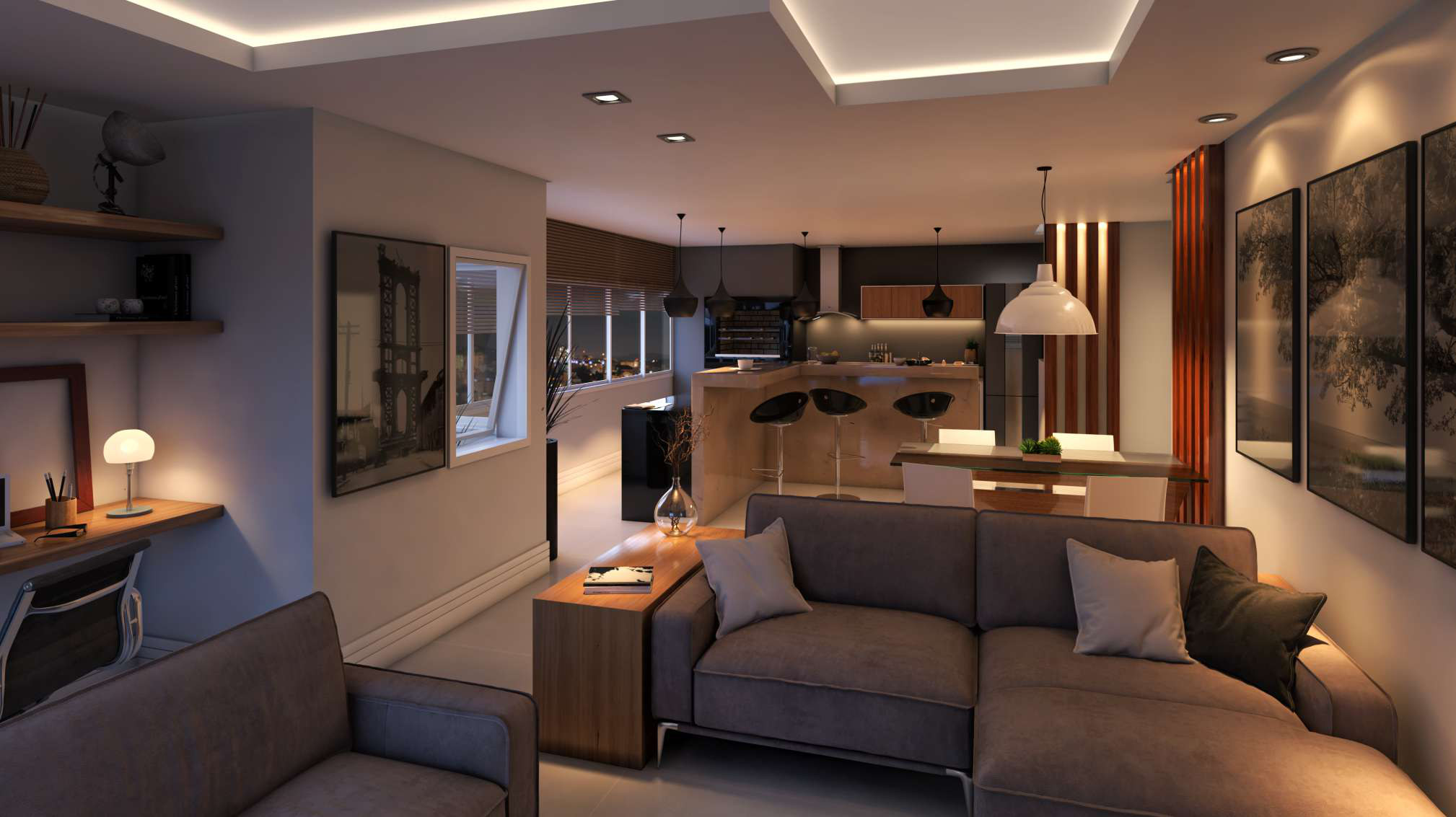 Loft Camobi, sala e cozinha integradas à noite